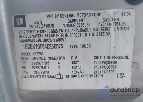 2004 Chevrolet Silverado 1500 Z71 from USA, damaged, VIN 1GCEK19T84E256575